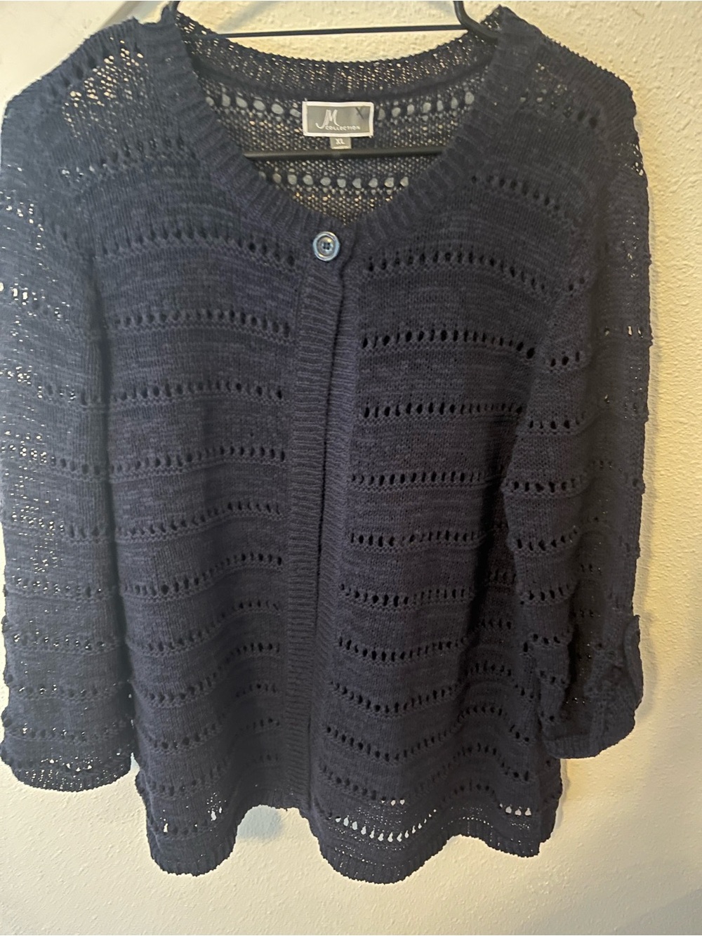 JM Collection Navy Open-Knit Button Front Cardigan
